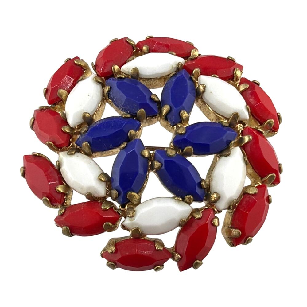 Vintage Red White Blue Spiral Rhinestone Brooch